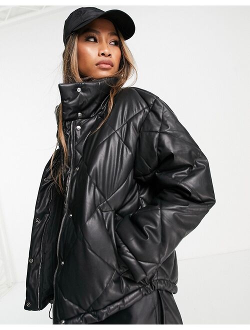 Bershka faux leather oversize quilted puffer jacket in black