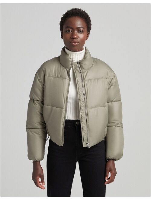 Bershka nylon cropped puffer jacket in khaki