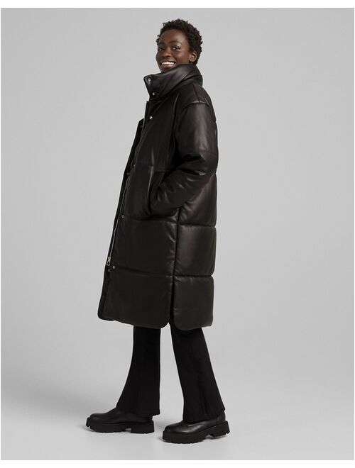 Bershka faux leather padded long line puffer coat in black