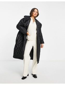quilted padded trench coat with belt in black