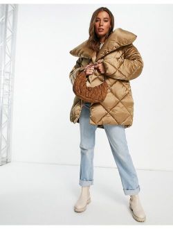 diamond waterfall belted puffer jacket in bronze