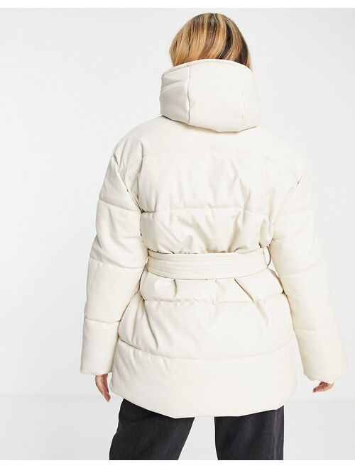 Asos Design leather look belted puffer jacket in cream