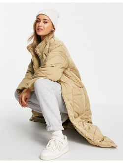 quilted longline puffer coat in camel