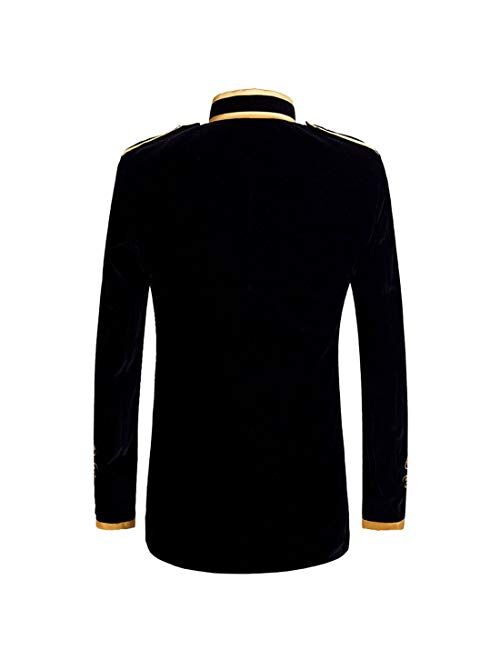 PYJTRL Mens Stylish Court Prince Black Velvet Gold Embroidery Blazer Suit Jacket