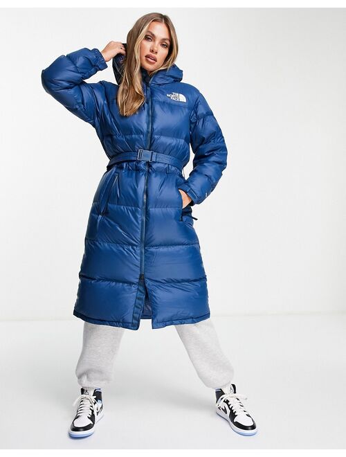 The North Face Nuptse Belted long puffer coat in blue