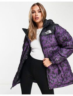 Nuptse belted leopard print mid puffer jacket in purple