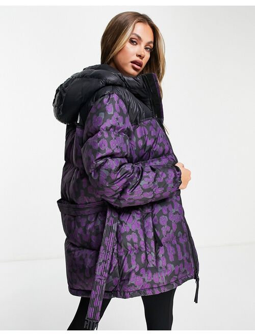 The North Face Nuptse belted leopard print mid puffer jacket in purple