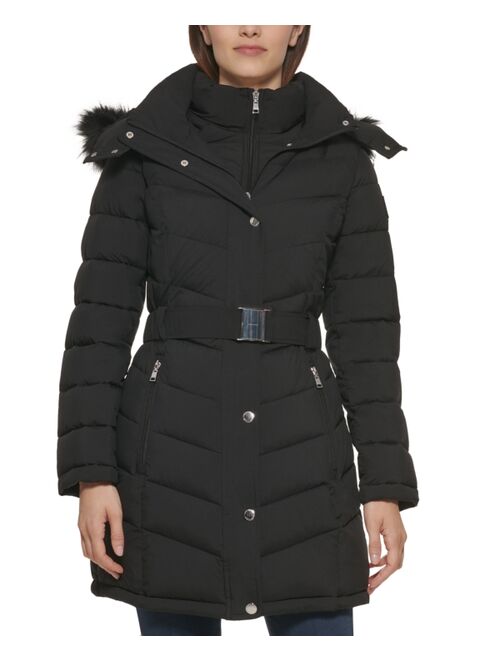 Tommy Hilfiger Women's Belted Faux-Fur-Trim Hooded Puffer Coat, Created for Macy's