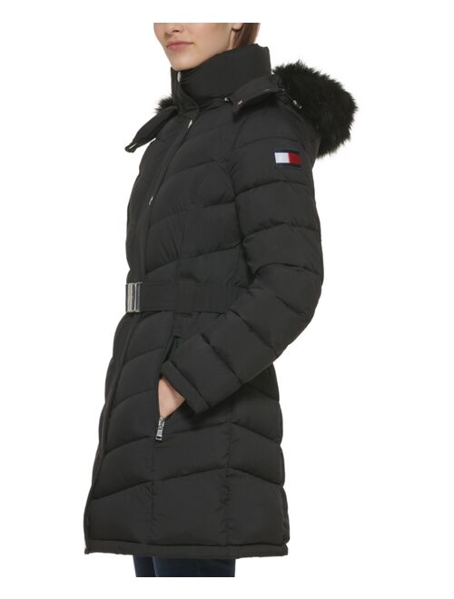 Tommy Hilfiger Women's Belted Faux-Fur-Trim Hooded Puffer Coat, Created for Macy's