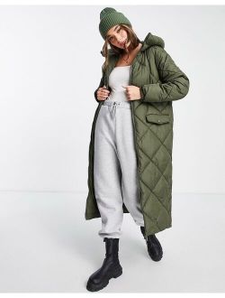 quilted longline puffer coat in khaki