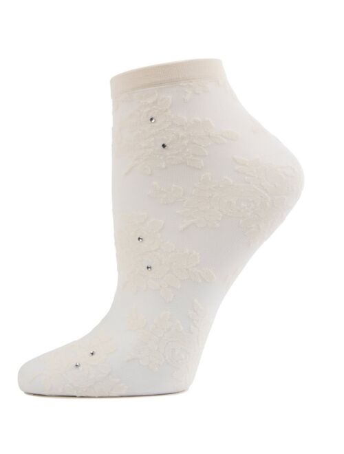 MeMoi Women's Floral Rhinestone Shortie Sheer See-Through Socks