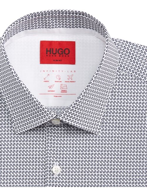 Hugo Boss Men's Slim-Fit Performance Stretch White Base Geometric Patterned Dress Shirt
