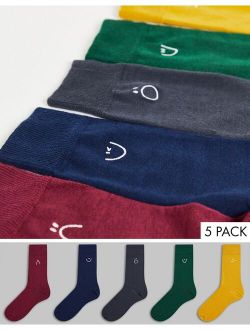 5 pack face embroidery socks in multi