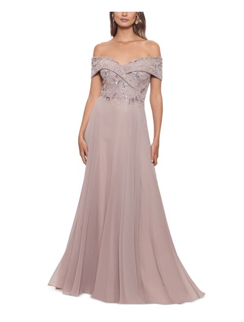 Xscape Beaded Off-The-Shoulder Gown