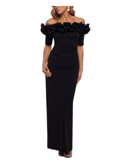 Petite Off-The-Shoulder Ruffled Gown