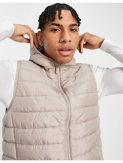 New Look hooded puffer vest in stone