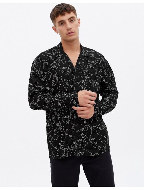 New Look long sleeve oversized shirt with face sketch print in black