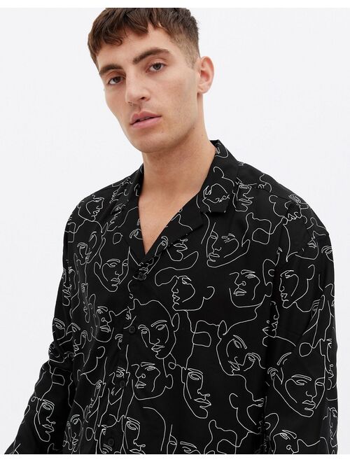 New Look long sleeve oversized shirt with face sketch print in black