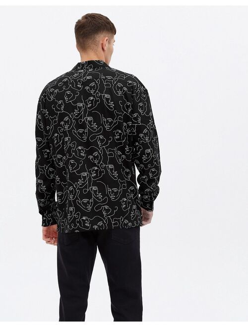 New Look long sleeve oversized shirt with face sketch print in black