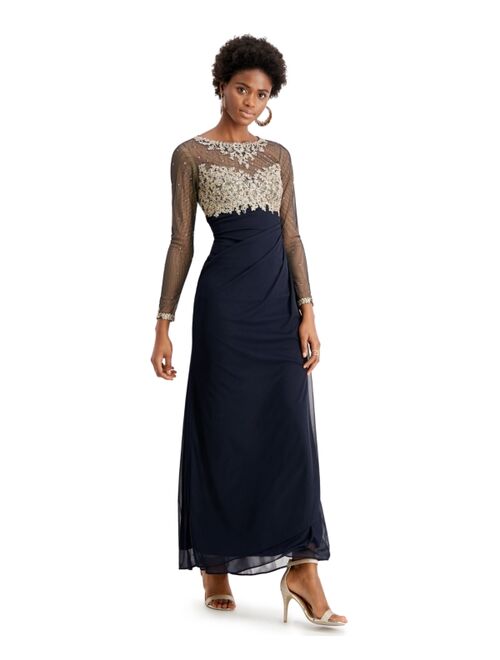 Xscape Petite Embellished Illusion-Bodice Ruched Gown
