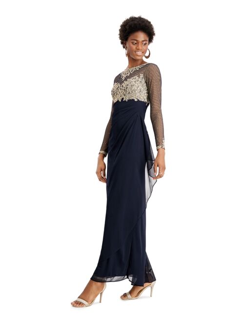 Xscape Petite Embellished Illusion-Bodice Ruched Gown