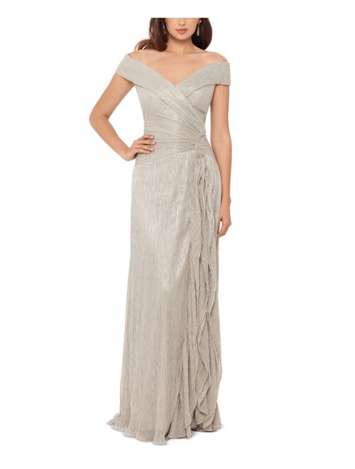 Xscape Off-The-Shoulder Metallic Pleated Gown