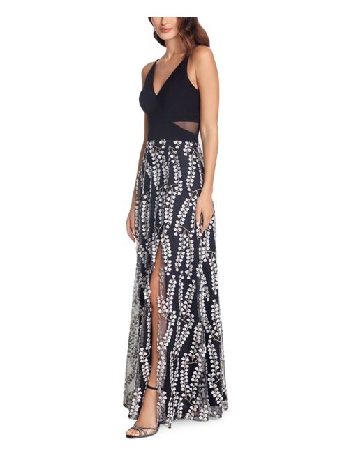 Xscape Mesh-Inset Embroidered-Skirt Dress