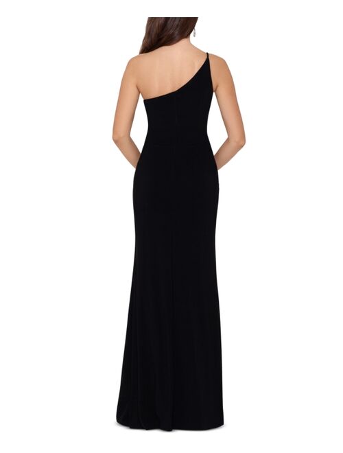 Xscape Petite One-Shoulder High-Slit Gown