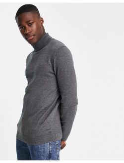 roll neck knitted pullover long sleeve sweater in dark gray