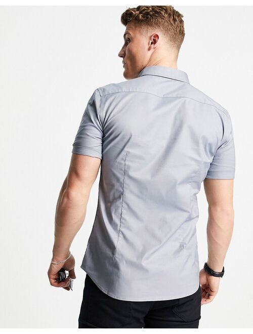 New Look short sleeve muscle fit oxford in gray
