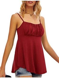Women's Spaghetti Strap Tank Top Summer Casual Smocked Sleeveless Tops Flowy Cami Blouses Shirts