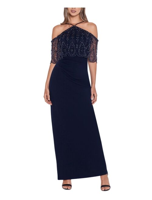 Xscape Beaded Cold-Shoulder Gown