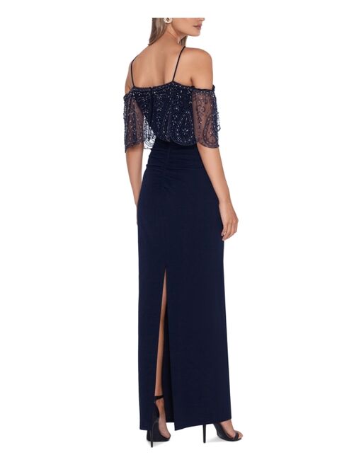 Xscape Beaded Cold-Shoulder Gown