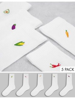 5-pack socks with vegetable embroidery in white