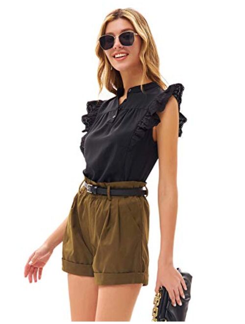GRACE KARIN Women Casual Summer V Neck Sleeveless Tank Tops Button Down Ruffle Chiffon Cami Blouse Shirts
