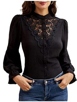 Women Retro Long Sleeve Lace Blouses Victorian Hollow Out Button Down Shirt Tees
