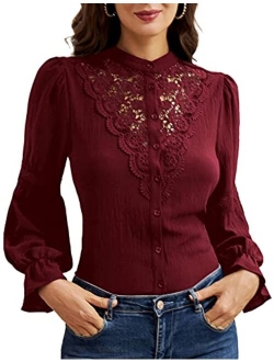 Women Retro Long Sleeve Lace Blouses Victorian Hollow Out Button Down Shirt Tees