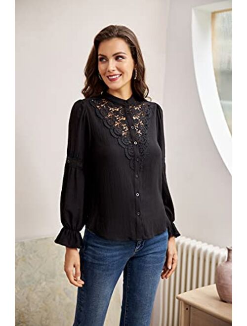 GRACE KARIN Women Retro Long Sleeve Lace Blouses Victorian Hollow Out Button Down Shirt Tees