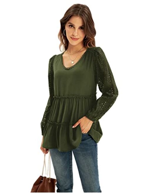 GRACE KARIN Women's V Neck Long Sleeve Blouse Casual Ruffle Tiered Hollow Out Shirts Tops