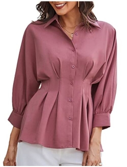Women's Peplum Blouse Button Down Shirt Tops 3/4 Batwing Sleeve V Neck Slim Fit Shirtdress