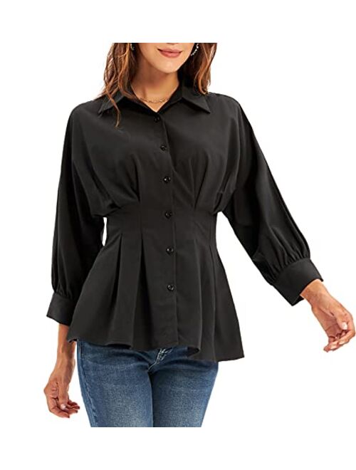 GRACE KARIN Women's Peplum Blouse Button Down Shirt Tops 3/4 Batwing Sleeve V Neck Slim Fit Shirtdress