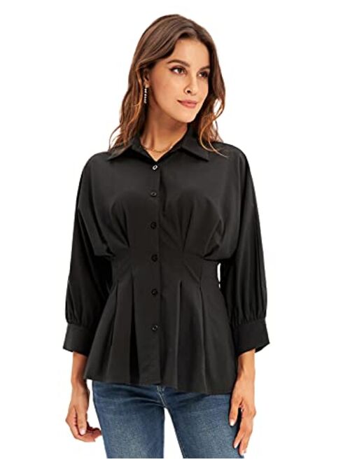 GRACE KARIN Women's Peplum Blouse Button Down Shirt Tops 3/4 Batwing Sleeve V Neck Slim Fit Shirtdress