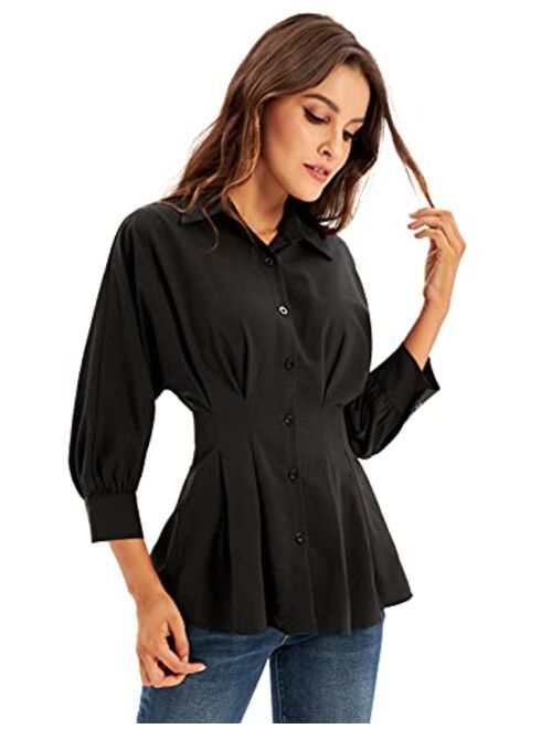 GRACE KARIN Women's Peplum Blouse Button Down Shirt Tops 3/4 Batwing Sleeve V Neck Slim Fit Shirtdress