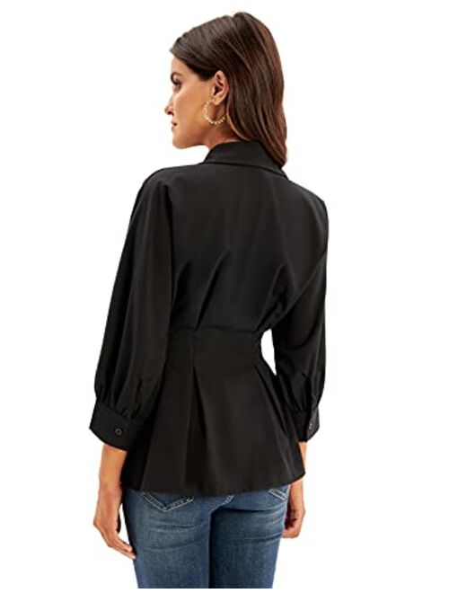 GRACE KARIN Women's Peplum Blouse Button Down Shirt Tops 3/4 Batwing Sleeve V Neck Slim Fit Shirtdress