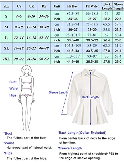 GRACE KARIN Women's Peplum Blouse Button Down Shirt Tops 3/4 Batwing Sleeve V Neck Slim Fit Shirtdress
