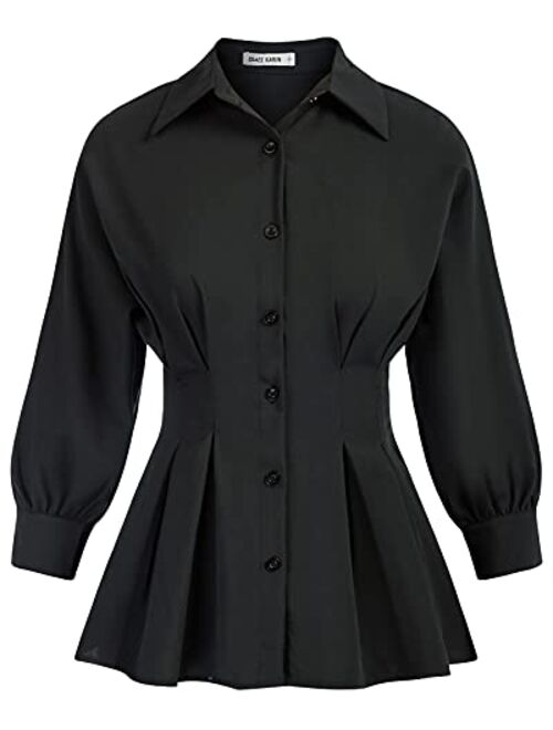 GRACE KARIN Women's Peplum Blouse Button Down Shirt Tops 3/4 Batwing Sleeve V Neck Slim Fit Shirtdress