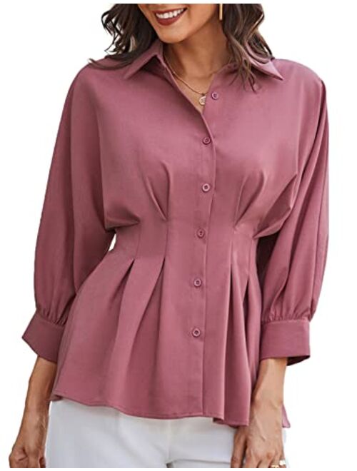 GRACE KARIN Women's Peplum Blouse Button Down Shirt Tops 3/4 Batwing Sleeve V Neck Slim Fit Shirtdress