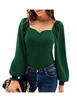 Women's Lantern Long Sleeve Blouse Retro Slim Fit Sweetheart Neckline Shirt Tops Vintage