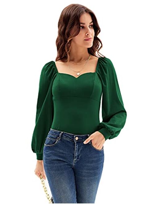 GRACE KARIN Women's Lantern Long Sleeve Blouse Retro Slim Fit Sweetheart Neckline Shirt Tops Vintage