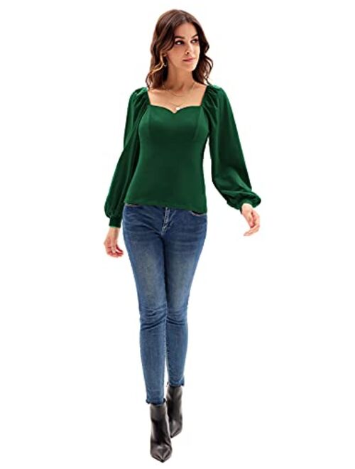 GRACE KARIN Women's Lantern Long Sleeve Blouse Retro Slim Fit Sweetheart Neckline Shirt Tops Vintage